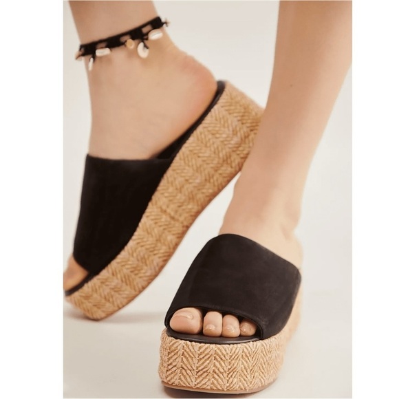 Free People Bohemian Harbor Raffia Flatform Sandals Black 11 Platform Chunky - Picture 15 of 16